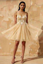 Francesca Champagne Mini Dress With V Neck | A-Line Party Wear