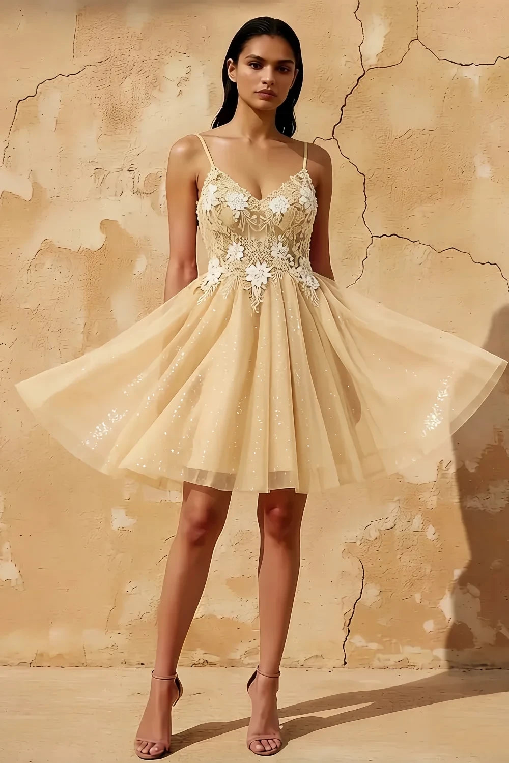 Francesca Champagne Mini Dress With V Neck | A-Line Party Wear