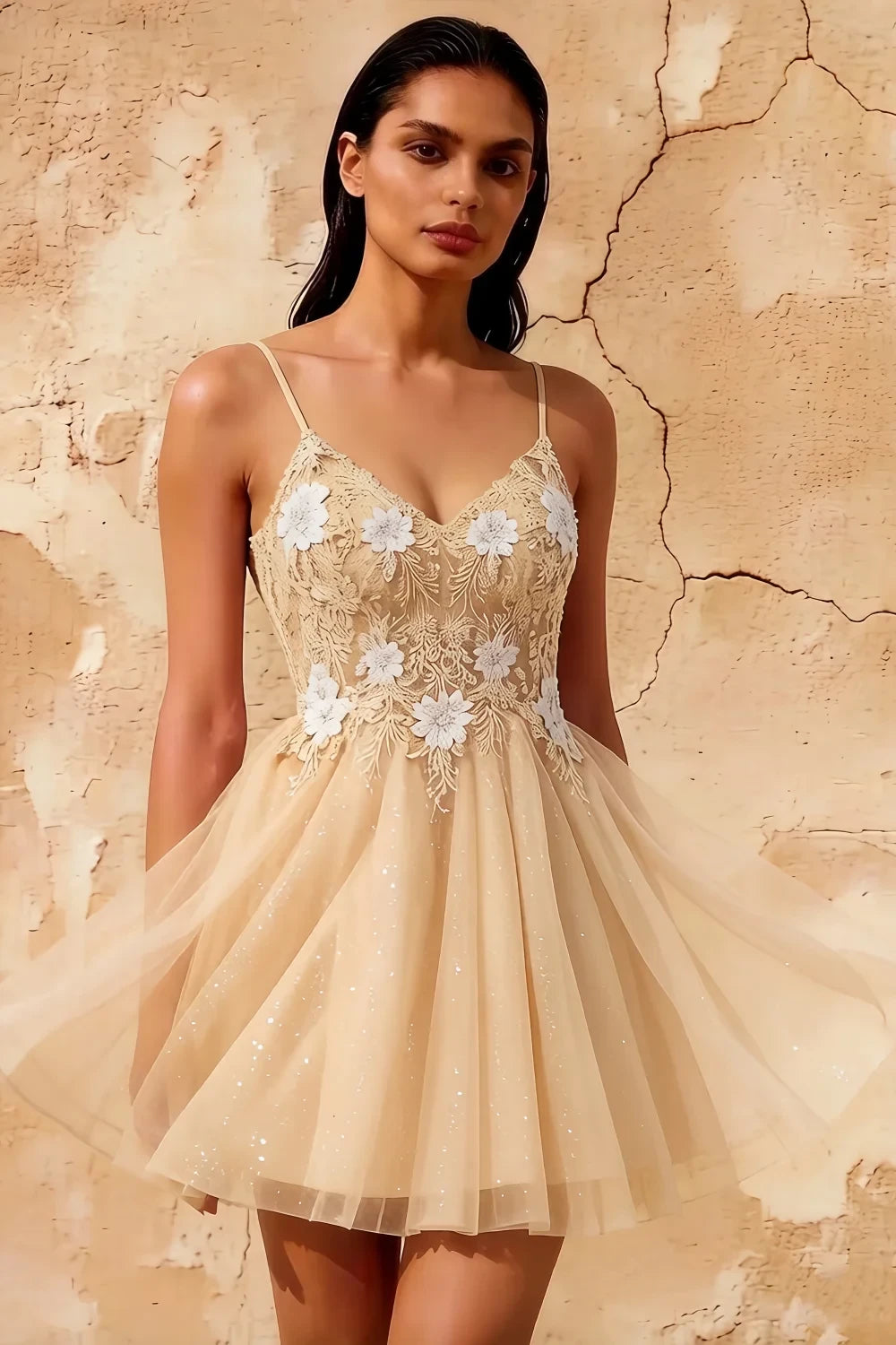 Francesca Champagne Mini Dress With V Neck | A-Line Party Wear