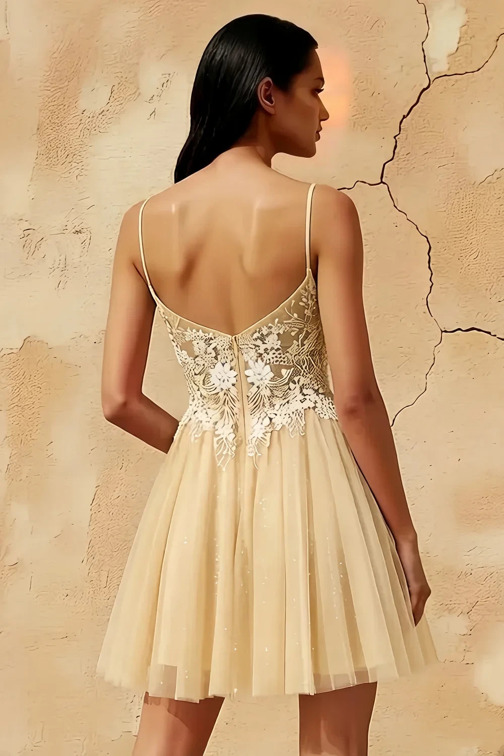Francesca Champagne Mini Dress With V Neck | A-Line Party Wear