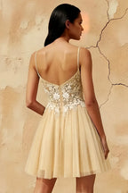 Francesca Champagne Mini Dress With V Neck | A-Line Party Wear