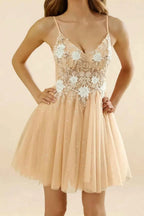 Francesca Champagne Mini Dress With V Neck | A-Line Party Wear