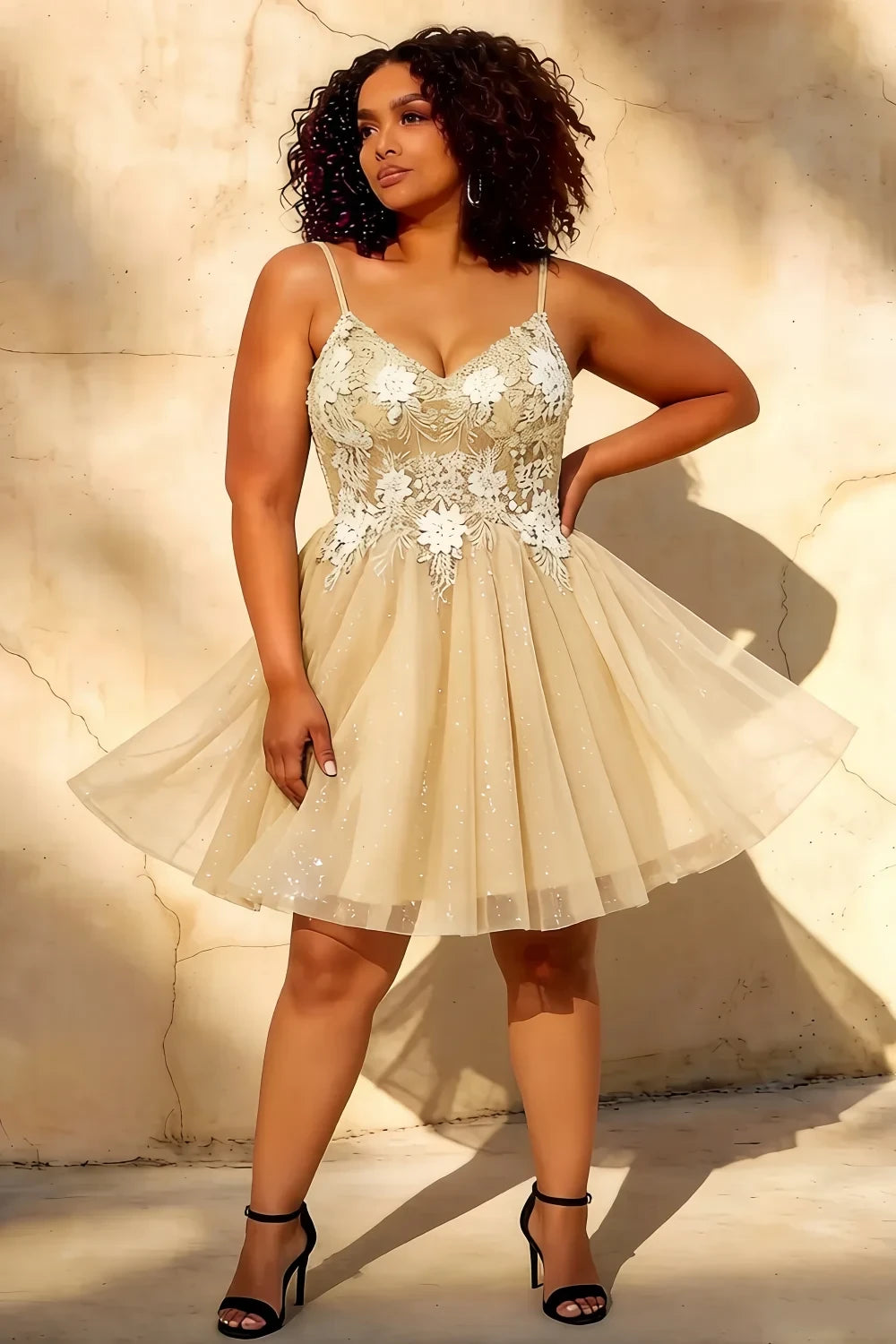 Francesca Champagne Mini Dress With V Neck | A-Line Party Wear