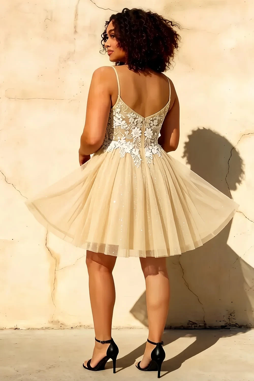 Francesca Champagne Mini Dress With V Neck | A-Line Party Wear