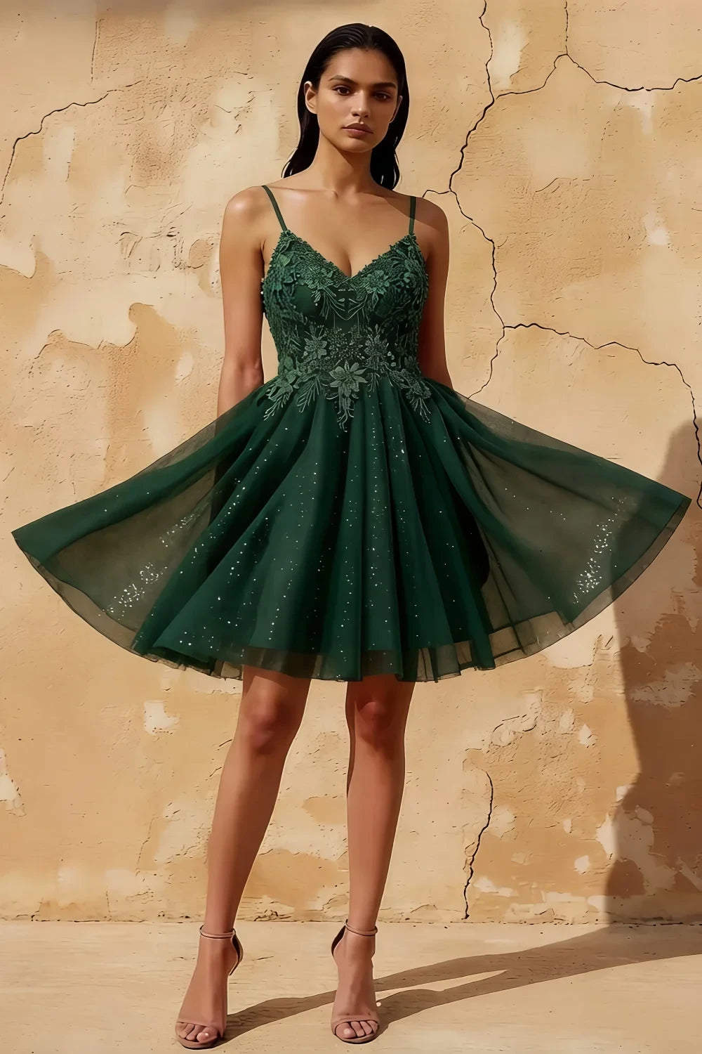 Francesca Dark Green V Neck Mini Dress for Prom & Party