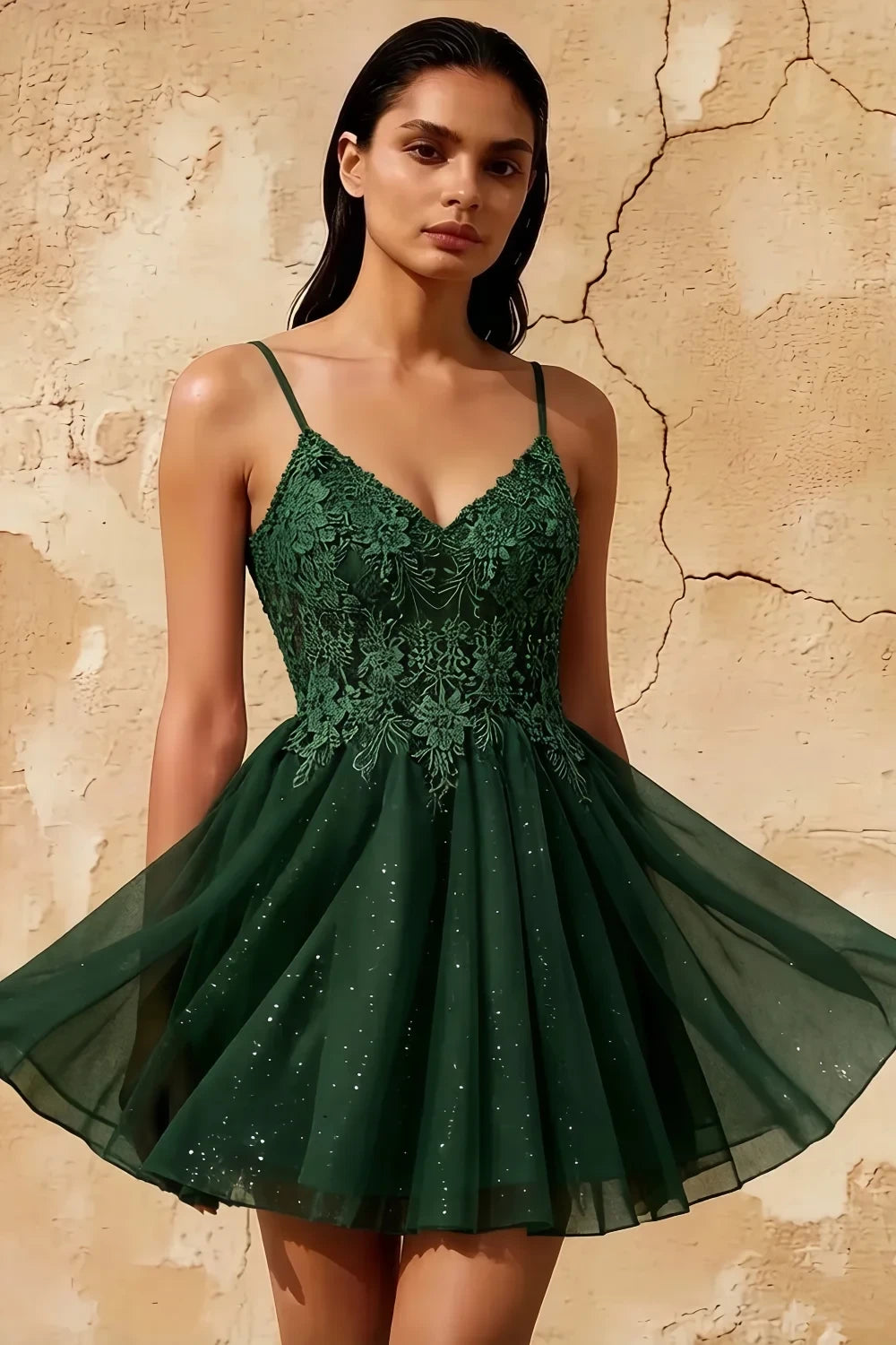 Francesca Dark Green V Neck Mini Dress for Prom & Party