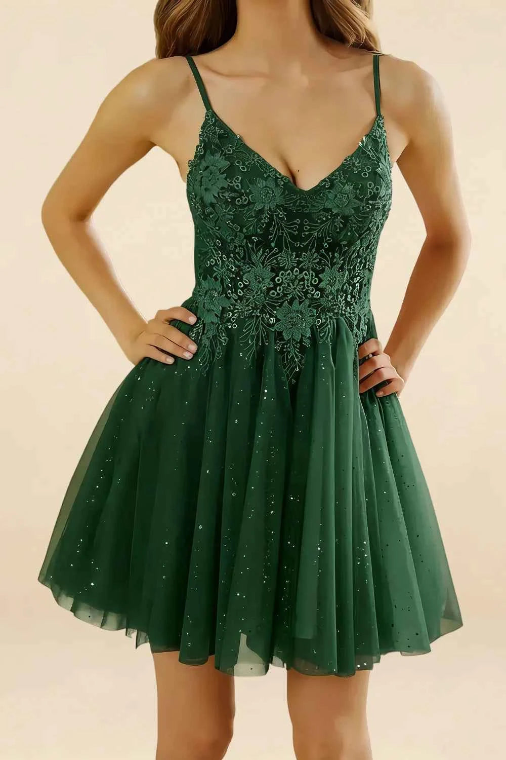 Francesca Dark Green V Neck Mini Dress for Prom & Party
