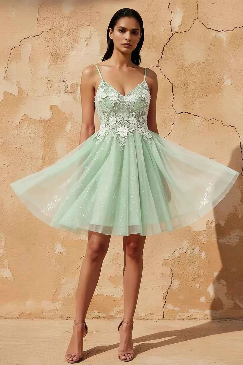 Francesca Green V Neck Mini Dress | Sparkly Lace Party Dress