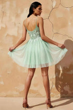 Francesca Green V Neck Mini Dress | Sparkly Lace Party Dress