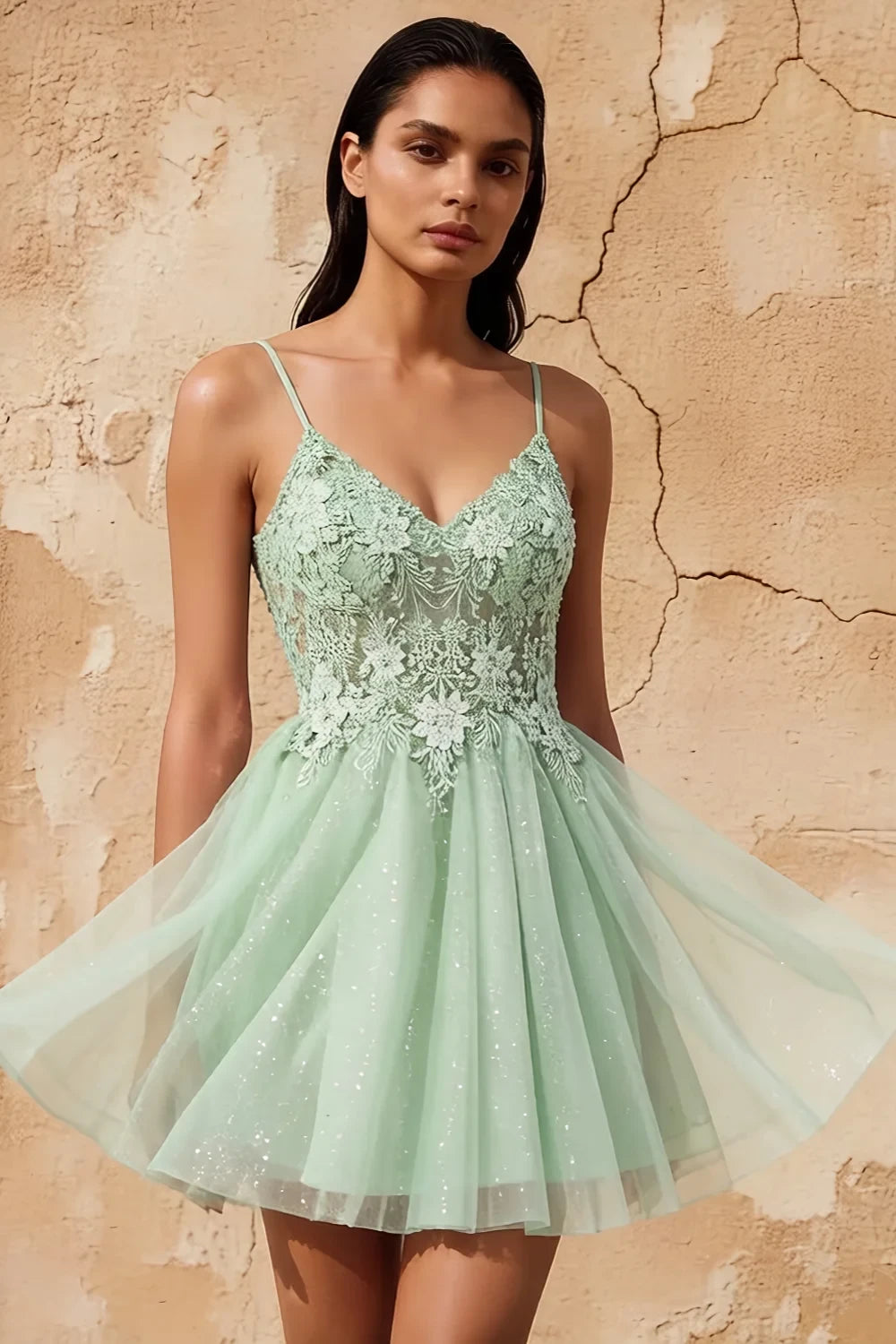 Francesca Green V Neck Mini Dress | Sparkly Lace Party Dress