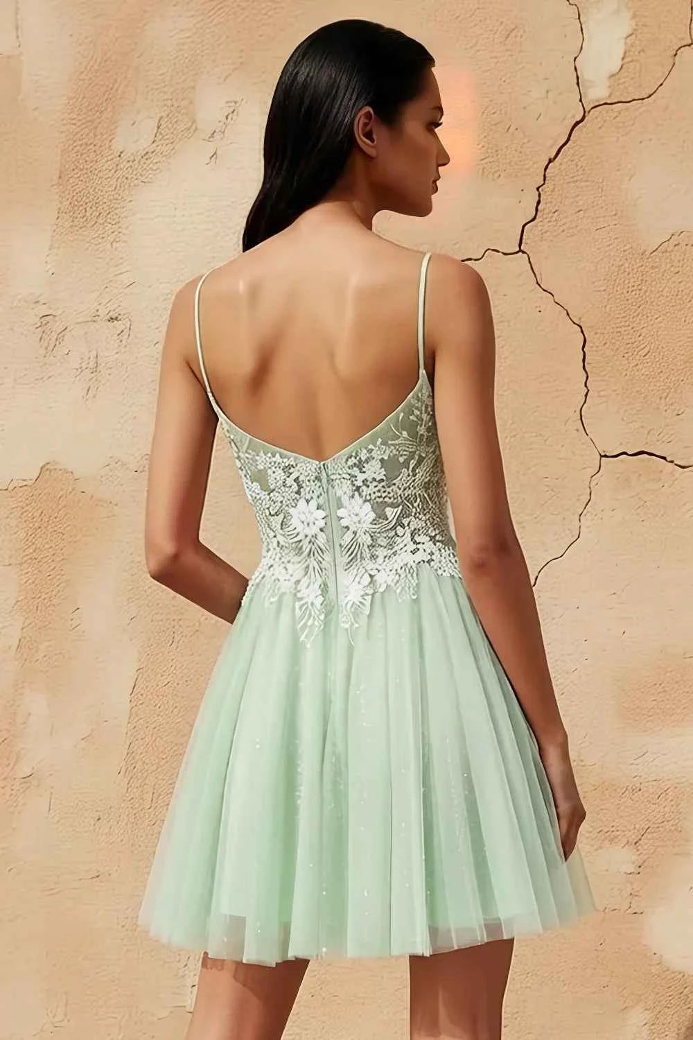 Francesca Green V Neck Mini Dress | Sparkly Lace Party Dress