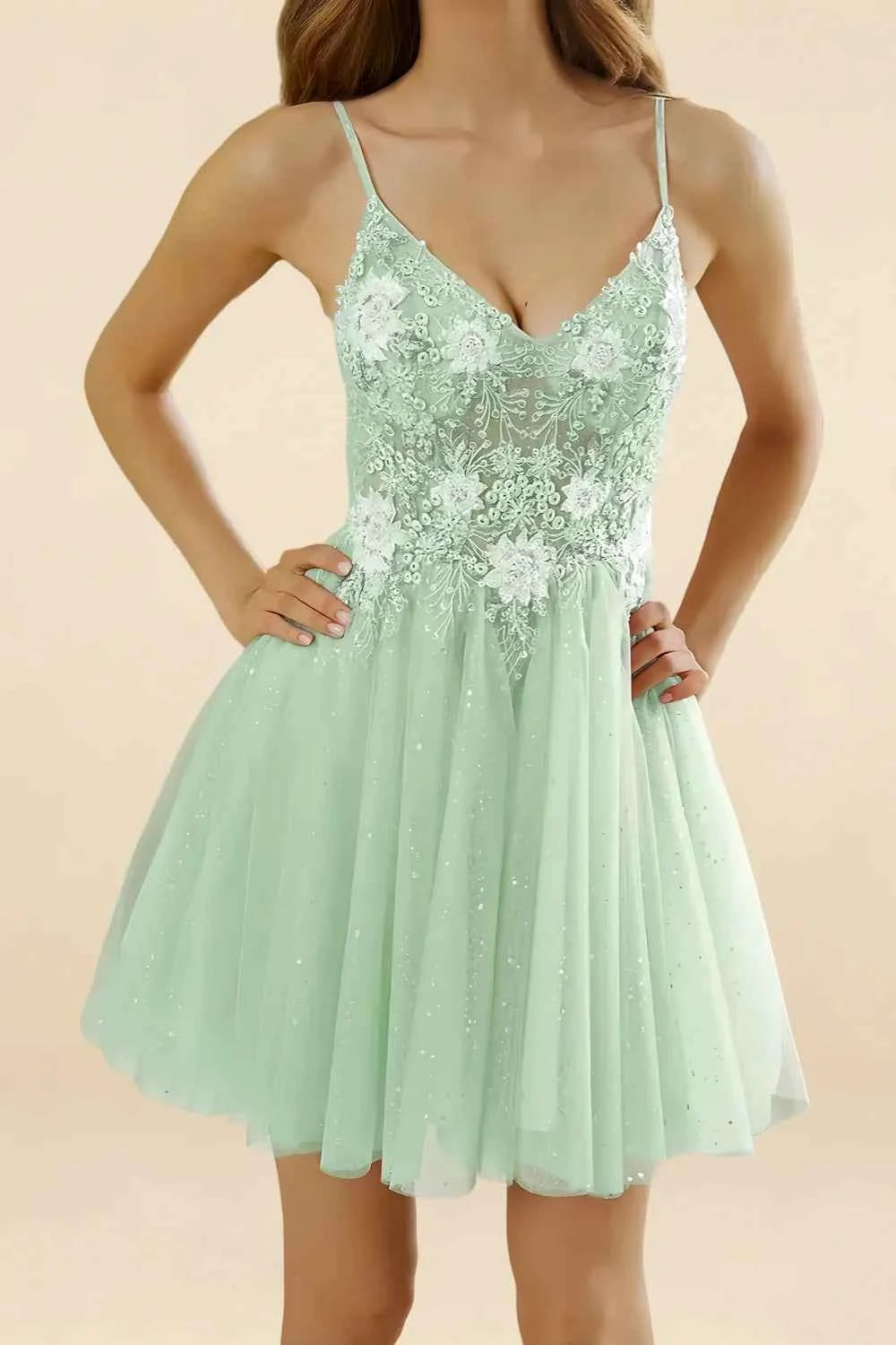 Francesca Green V Neck Mini Dress | Sparkly Lace Party Dress