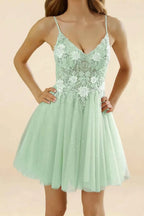 Francesca Green V Neck Mini Dress | Sparkly Lace Party Dress