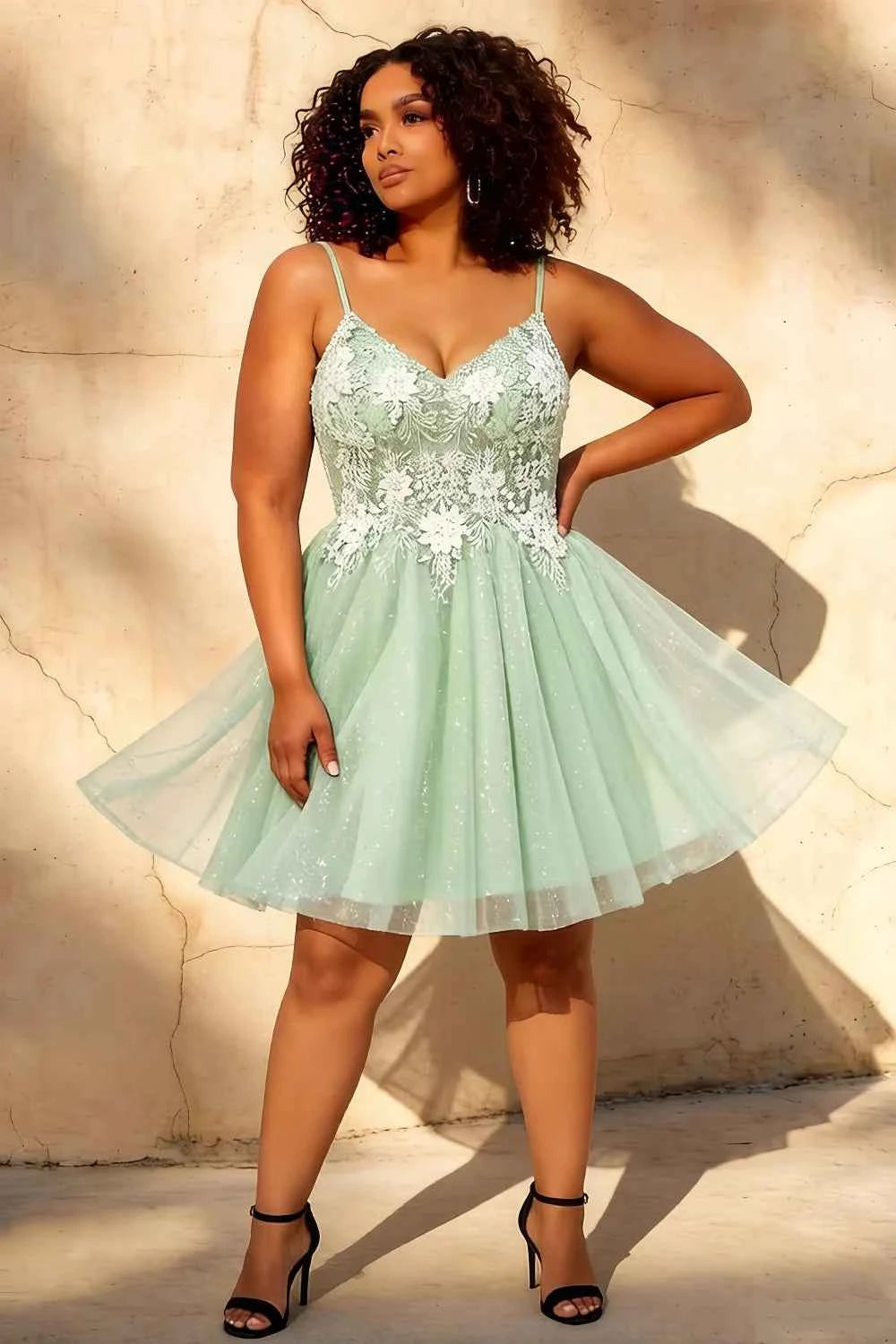 Francesca Green V Neck Mini Dress | Sparkly Lace Party Dress
