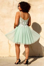 Francesca Green V Neck Mini Dress | Sparkly Lace Party Dress