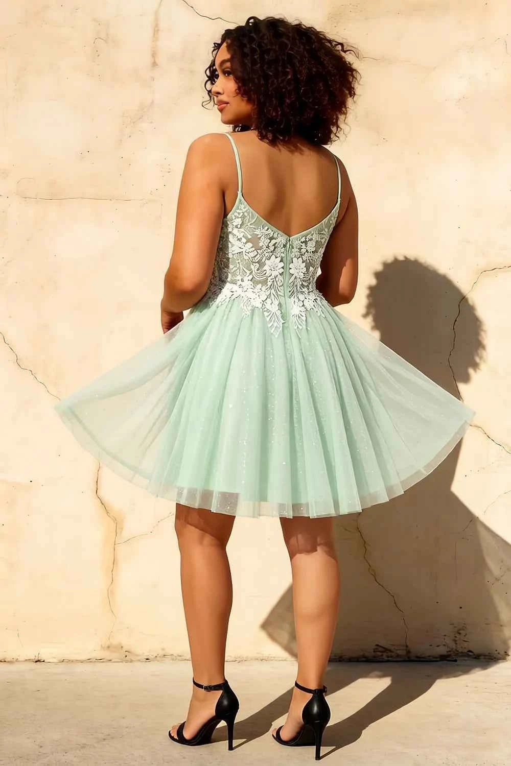 Francesca Green V Neck Mini Dress | Sparkly Lace Party Dress