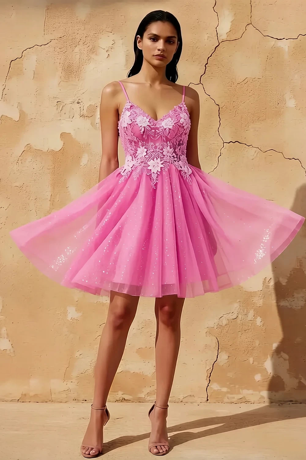 Francesca Hot Pink V Neck Mini Dress for Party & Prom