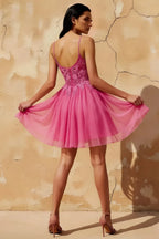 Francesca Hot Pink V Neck Mini Dress for Party & Prom