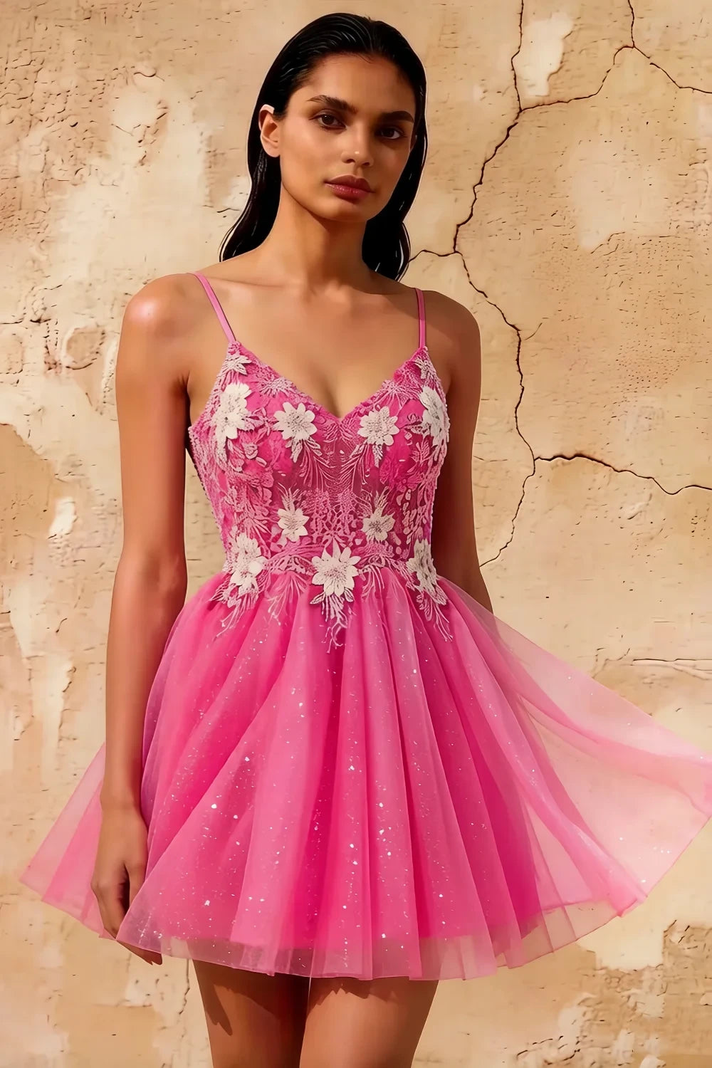 Francesca Hot Pink V Neck Mini Dress for Party & Prom