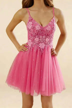 Francesca Hot Pink V Neck Mini Dress for Party & Prom