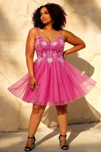 Francesca Hot Pink V Neck Mini Dress for Party & Prom