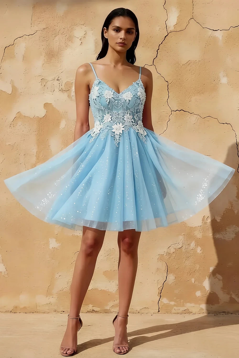 Francesca Light Blue V Neck Mini Dress for Homecoming & Party