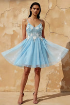 Francesca Light Blue V Neck Mini Dress for Homecoming & Party