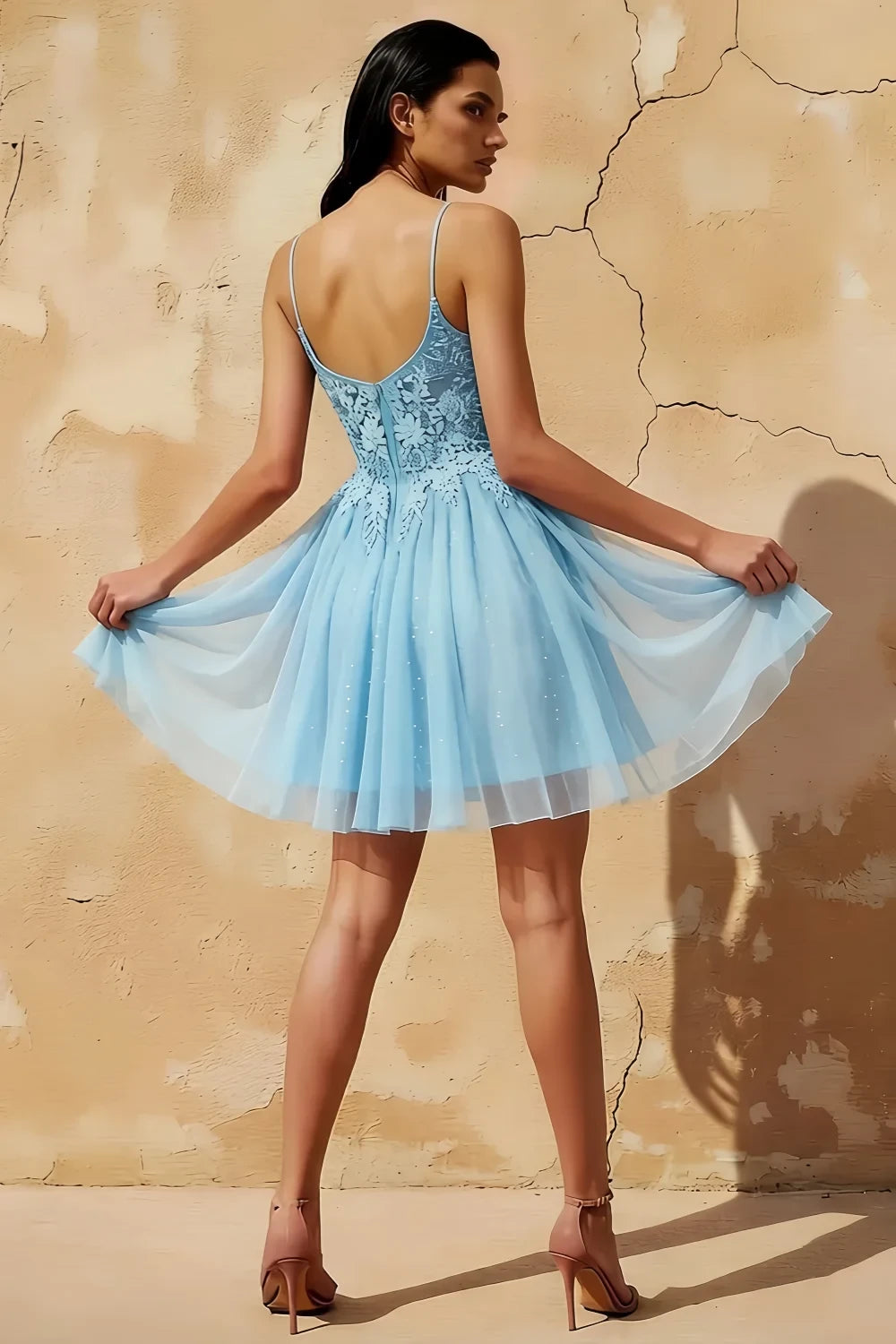 Francesca Light Blue V Neck Mini Dress for Homecoming & Party