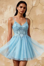 Francesca Light Blue V Neck Mini Dress for Homecoming & Party