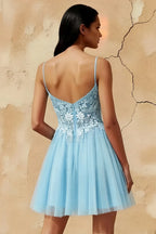 Francesca Light Blue V Neck Mini Dress for Homecoming & Party