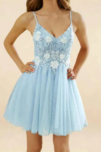 Francesca Light Blue V Neck Mini Dress for Homecoming & Party