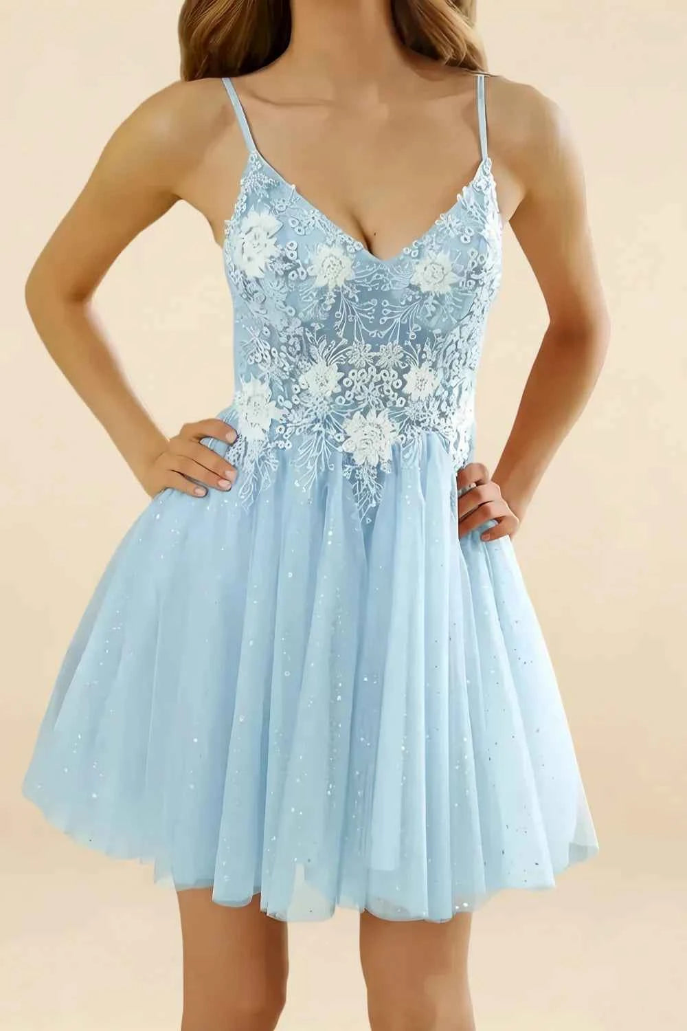 Francesca Light Blue V Neck Mini Dress for Homecoming & Party
