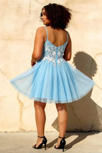 Francesca Light Blue V Neck Mini Dress for Homecoming & Party