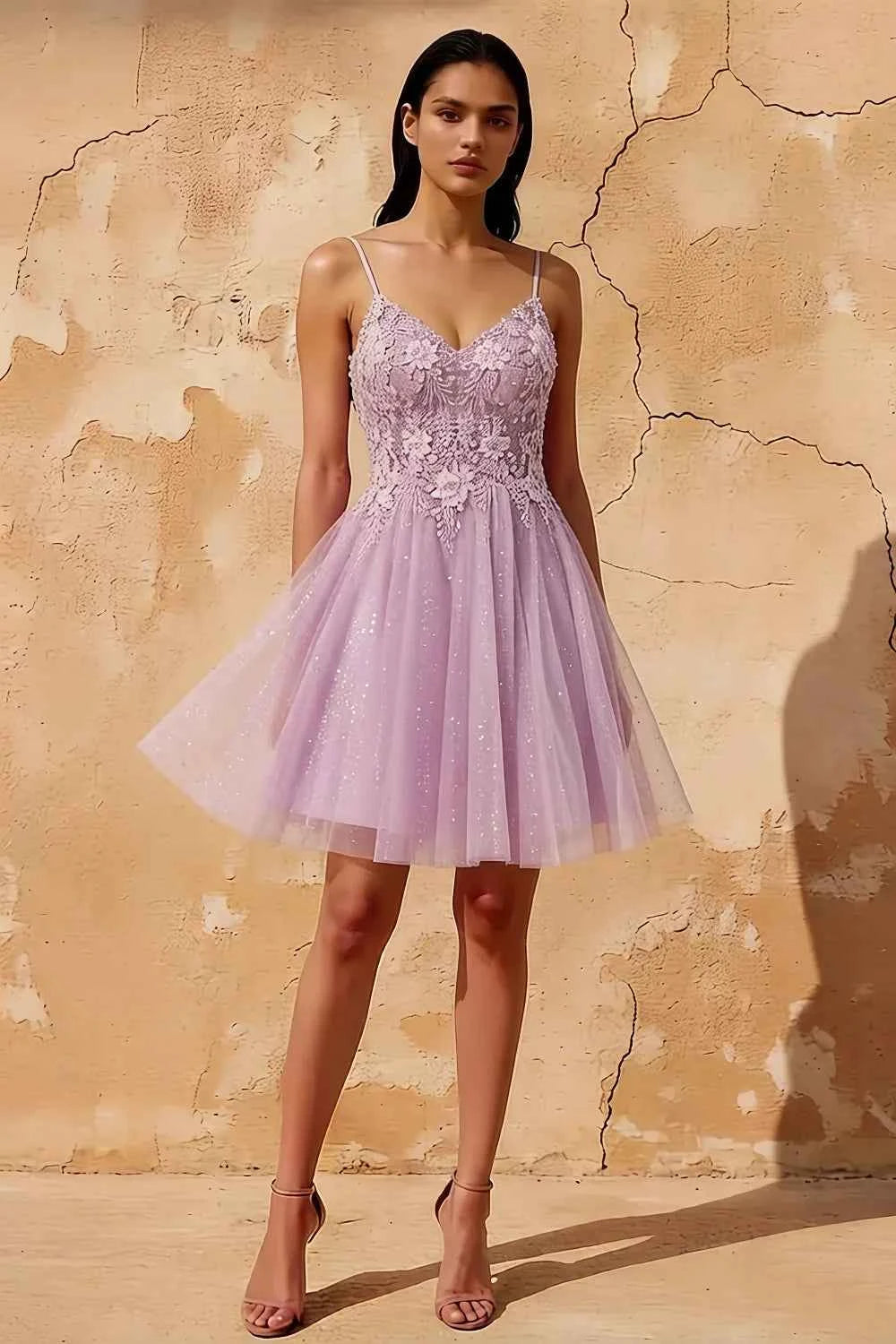 Francesca Lilac V Neck Strappy Glitter Mini Dress Main image