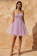 Francesca Lilac V Neck Strappy Glitter Mini Dress