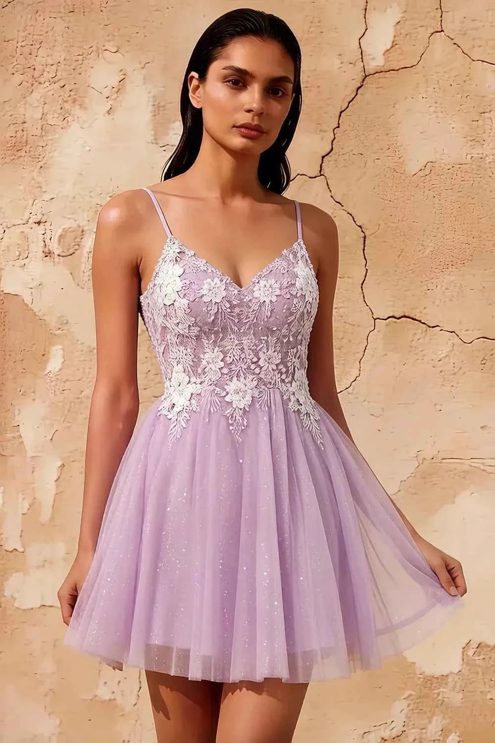 Francesca Lilac V Neck Strappy Glitter Mini Dress