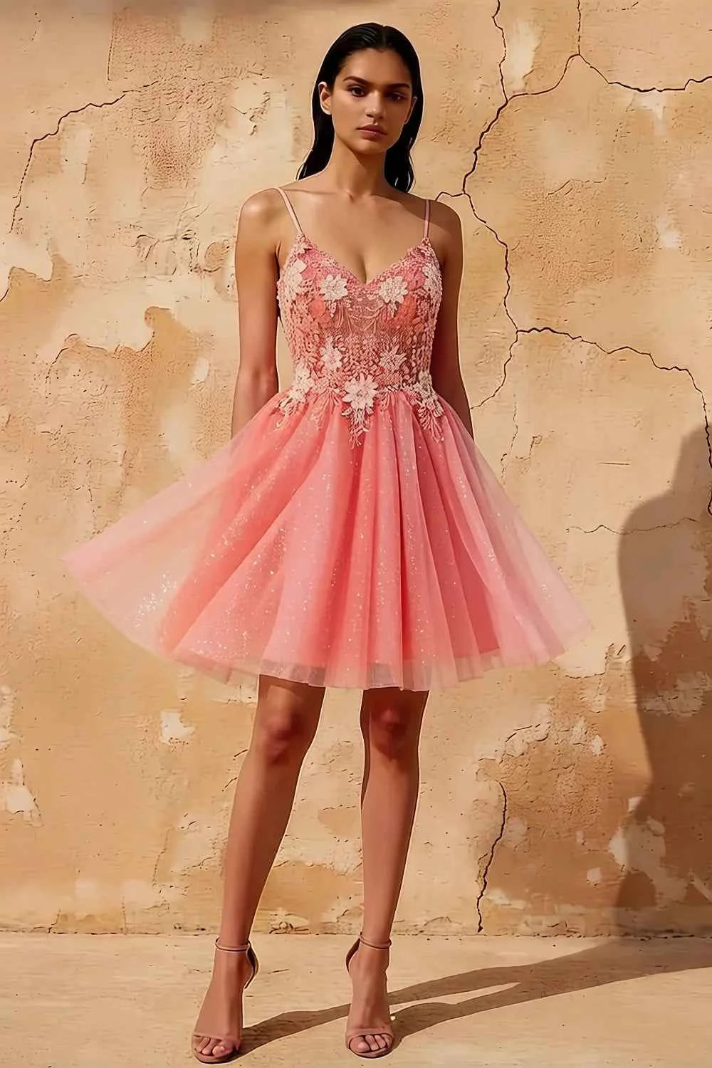 Francesca Orange V Neck Dress Mini | Floral Beaded Tulle