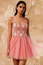 Francesca Orange V Neck Dress Mini | Floral Beaded Tulle
