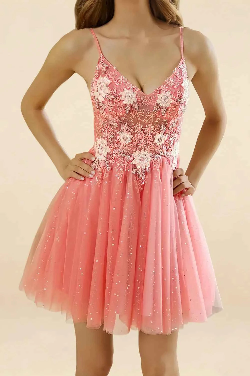Francesca Orange V Neck Dress Mini | Floral Beaded Tulle