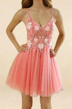Francesca Orange V Neck Dress Mini | Floral Beaded Tulle