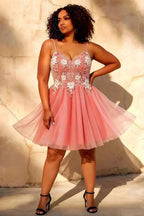 Francesca Orange V Neck Dress Mini | Floral Beaded Tulle