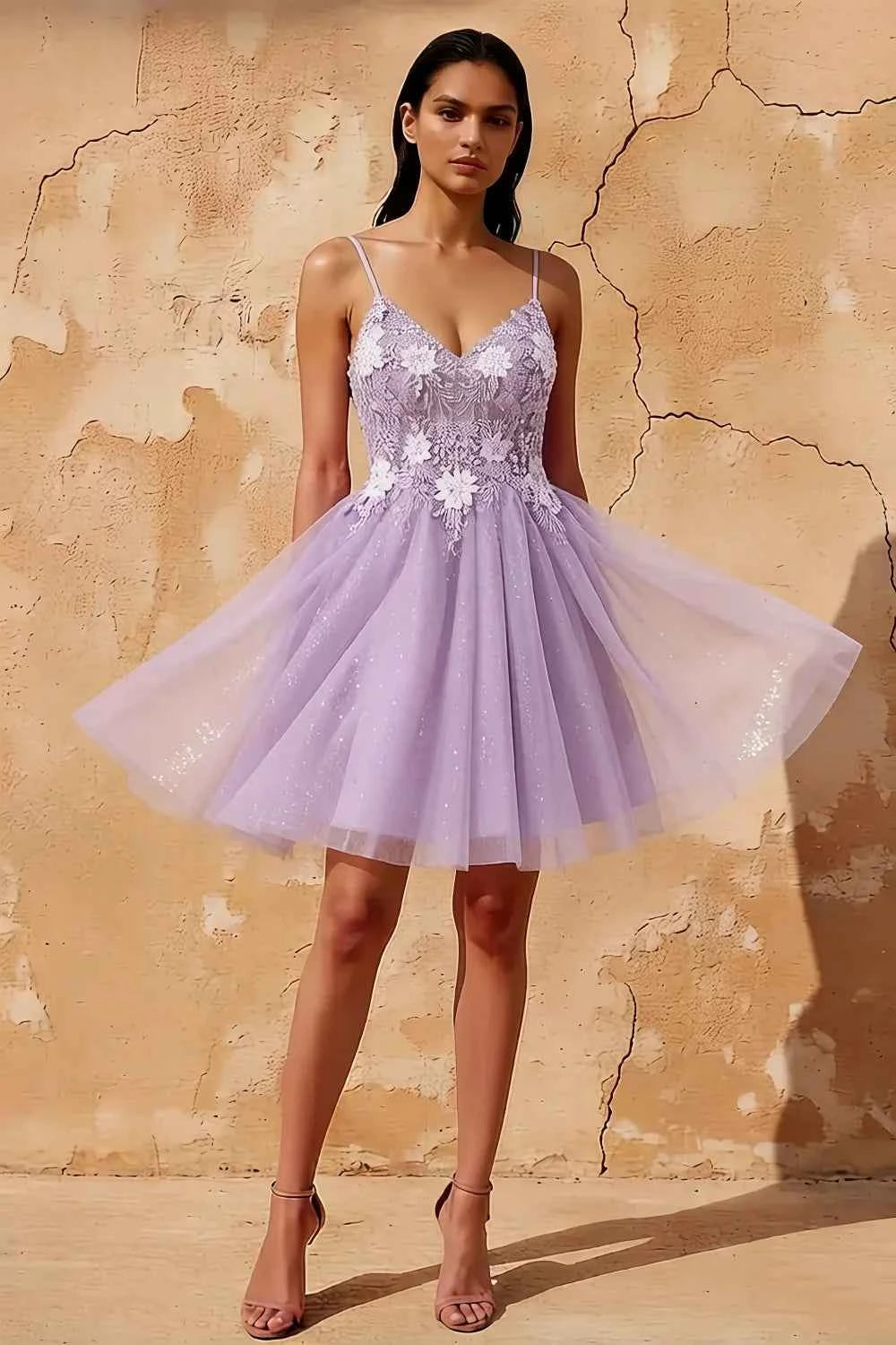 Francesca Purple V Neck Mini Dress | Glitter A-Line Tulle Gown