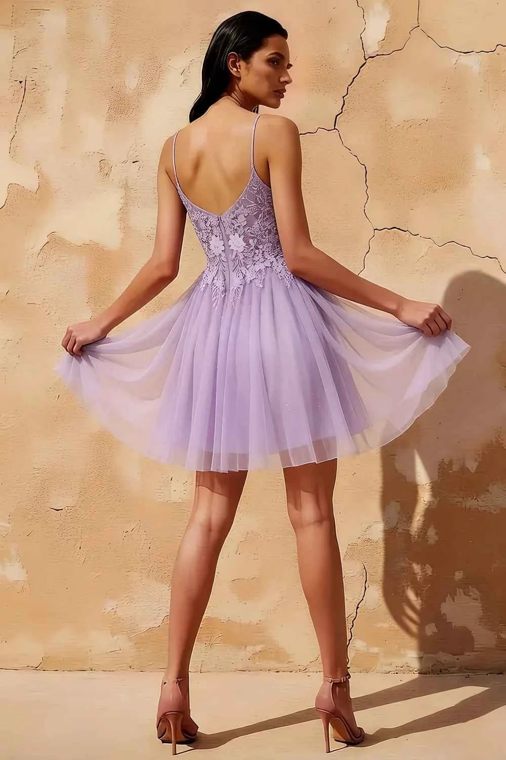 Francesca Purple V Neck Mini Dress | Glitter A-Line Tulle Gown Secondary image