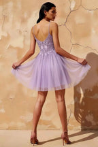 Francesca Purple V Neck Mini Dress | Glitter A-Line Tulle Gown