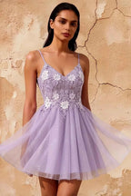 Francesca Purple V Neck Mini Dress | Glitter A-Line Tulle Gown