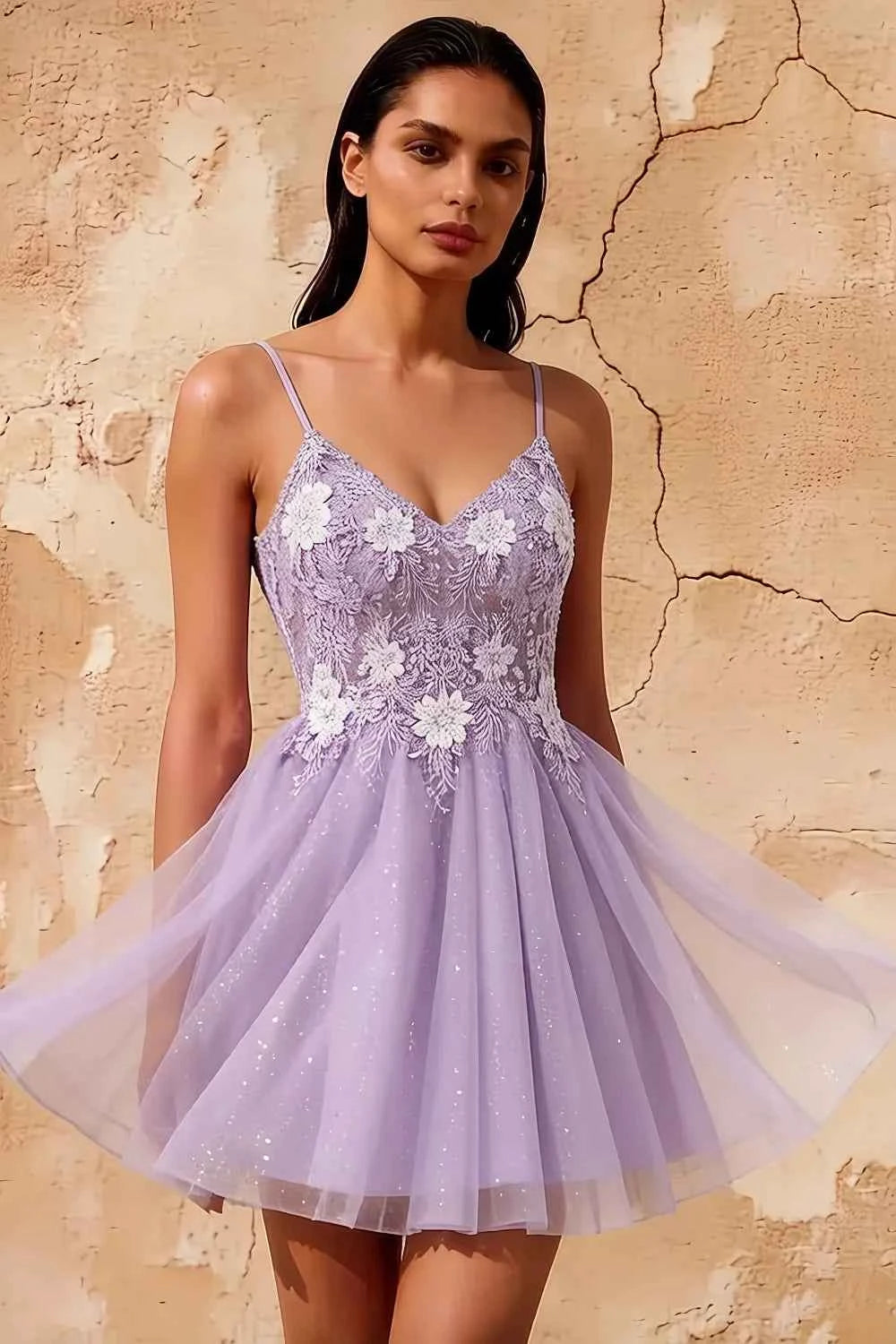 Francesca Purple V Neck Mini Dress | Glitter A-Line Tulle Gown