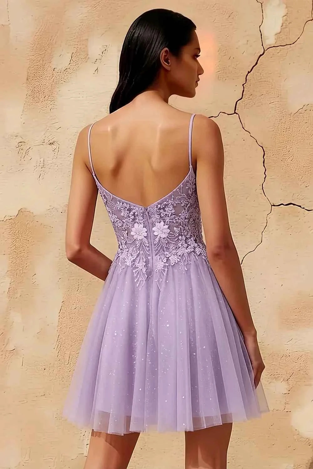 Francesca Purple V Neck Mini Dress | Glitter A-Line Tulle Gown