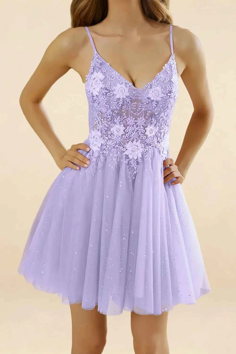 Francesca Purple V Neck Mini Dress | Glitter A-Line Tulle Gown