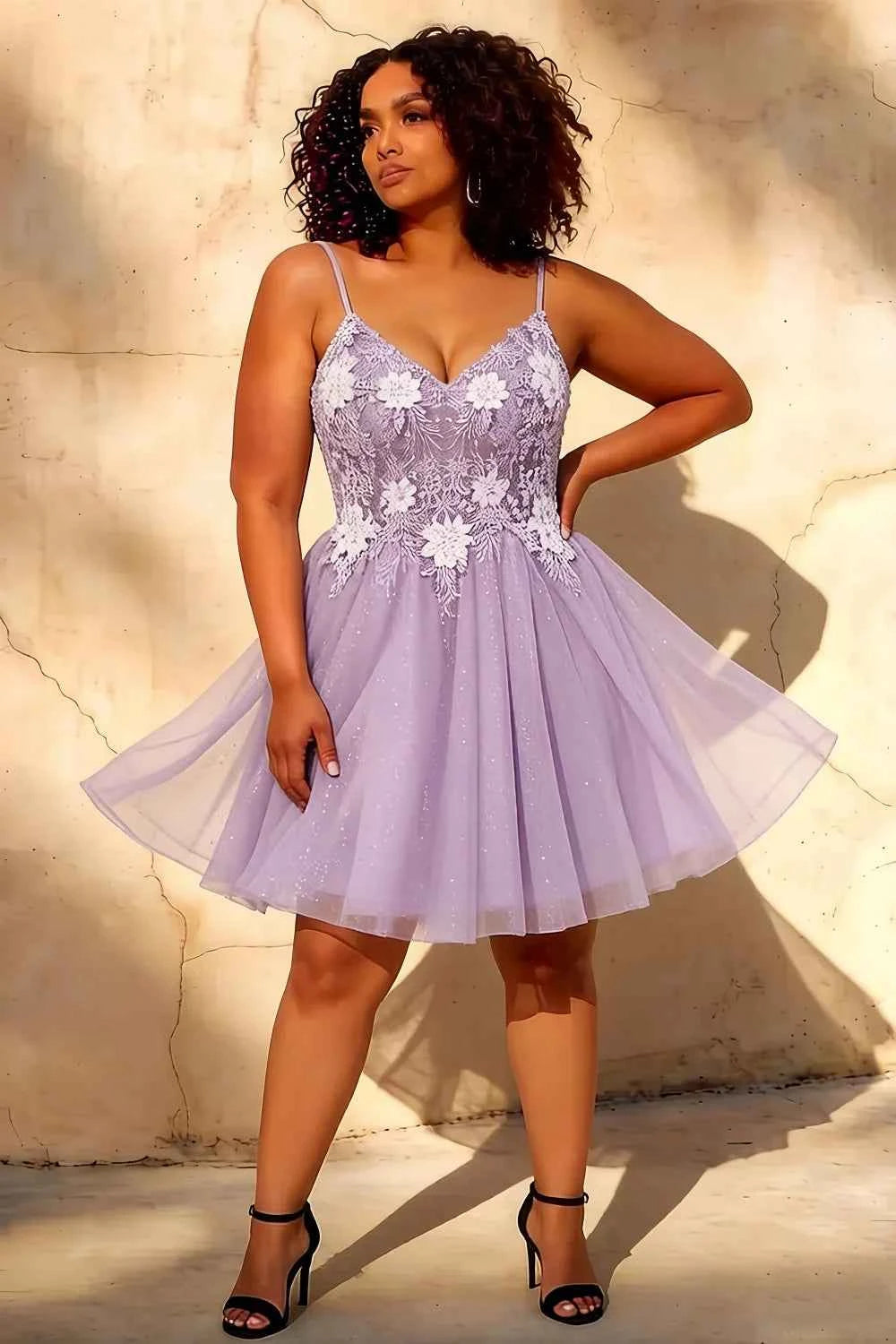 Francesca Purple V Neck Mini Dress | Glitter A-Line Tulle Gown