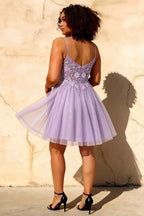 Francesca Purple V Neck Mini Dress | Glitter A-Line Tulle Gown